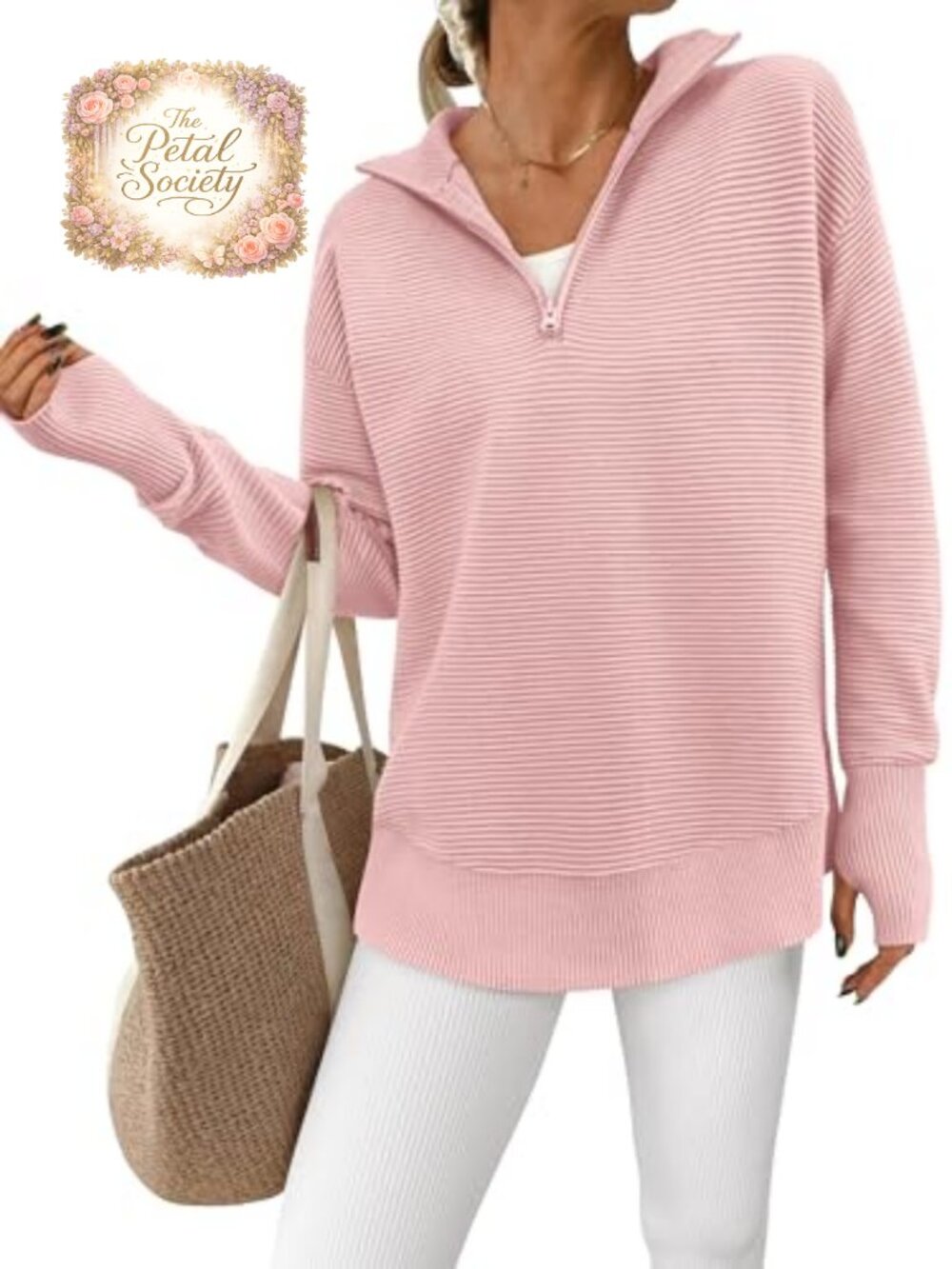 Womens Ribbed Knit Quarter Zip Pullover Sweater Long Sleeve V-Neck Thumb Hole